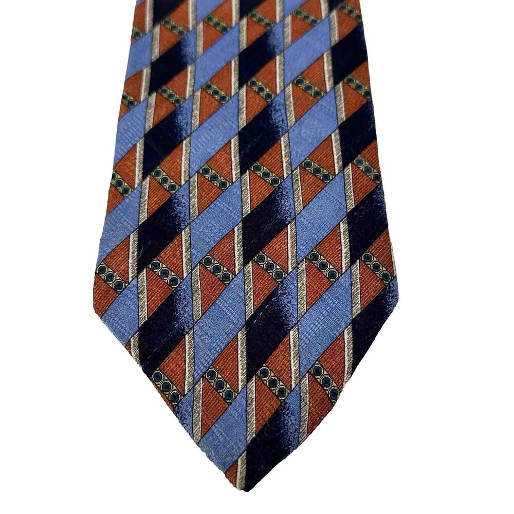 Vtg Louis Feraud Tie Men 56 in Silk Wide Blue Rust Geo Offset Striped Ombré Wide